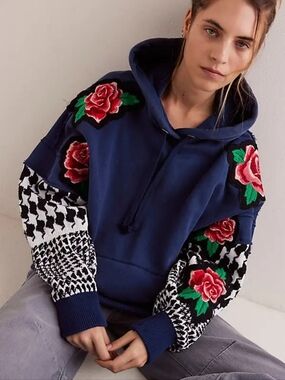 Free People Washed Navy Hoodie with Rose Appliqués and Houndstooth Sleeves